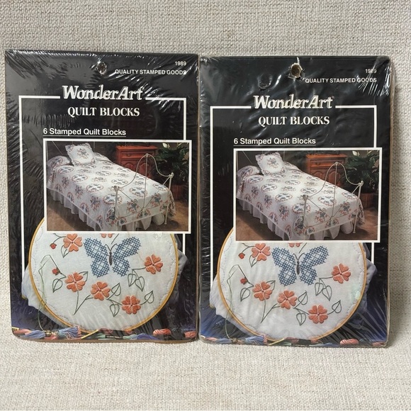 Set of (2) WonderArt STAMPED CROSS
STITCH QUILT BLOCKS *BUTTERFLY CIRCLE* - Picture 1 of 4